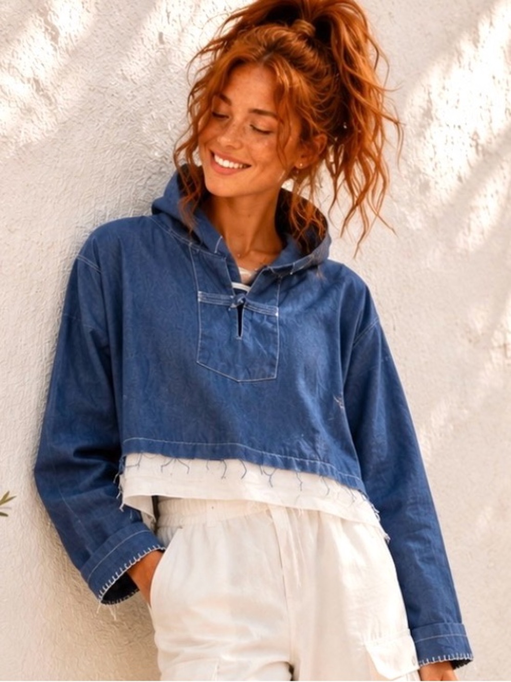 Organic Cotton Linen Cropped Hoodie Top L/XL Oversized Boho Artisan Blue White